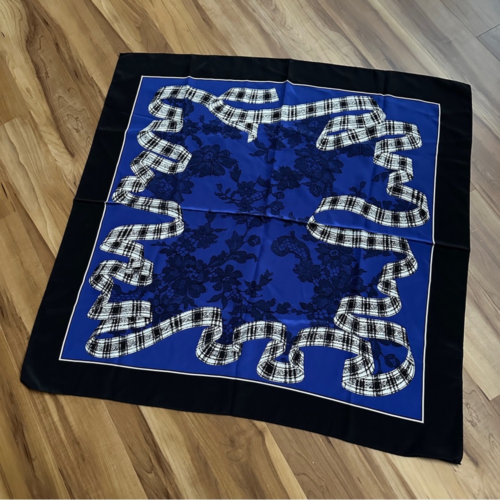 Vintage 100% silk Carlisle Blue and Black square Scarf Plaid Lace